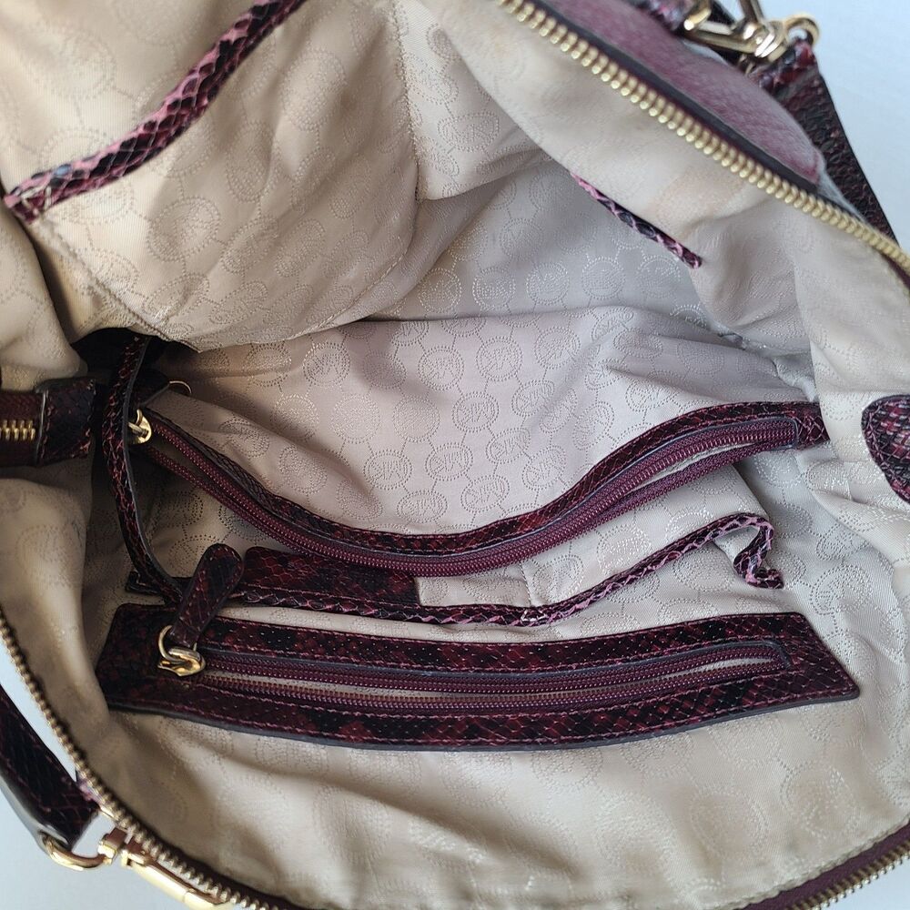 Michael Kors Burgundy Leather Python Embossed Satchel Shoulder Bag Purse Large - Picture 10 of 16